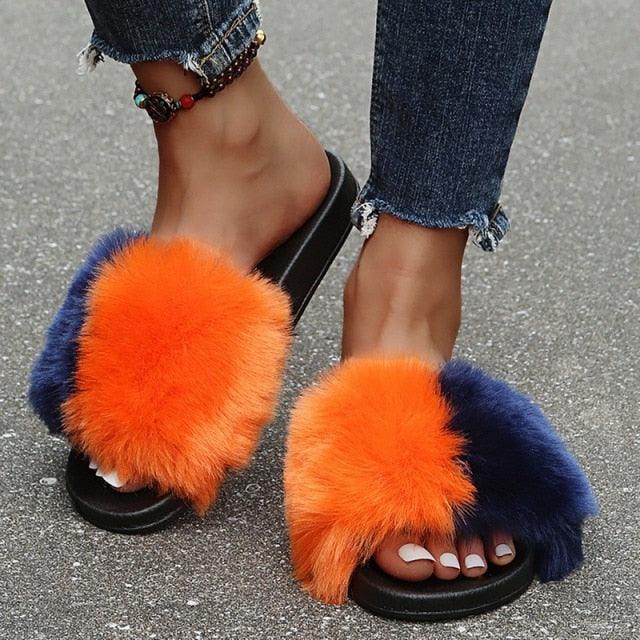 New Luxury Fluffy Slippers Indoor Warm Furry Fur Flip Flops Women Amazing Plush Slides Shoes Warm Comfortable Fuzzy Furry Slippers Indoor Cozy Memory Foam Anti-Slip Flip Flops Stevvex