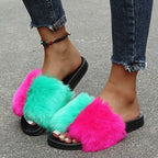 New Luxury Fluffy Slippers Indoor Warm Furry Fur Flip Flops Women Amazing Plush Slides Shoes Warm Comfortable Fuzzy Furry Slippers Indoor Cozy Memory Foam Anti-Slip Flip Flops Stevvex