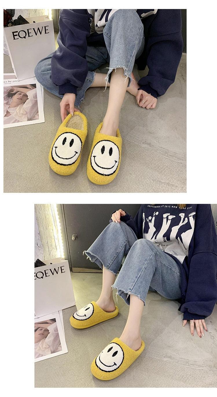 New Pink Smiley Face Slippers Women Smile Slippers Happy Face Slippers Retro Smiley Face Soft Plush Comfy Warm Slip-on Slippers Fluffy Fur Lined Mens Cute Home Sandals Winter Indoor House Slippers Stevvex