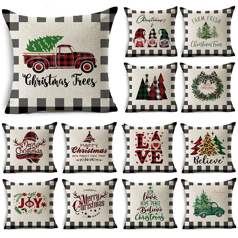 New Plaid Christmas Linen Pillowcase Xmas Series Cushion Cover Case Pillow Custom Square Pillowcase Cushion Cover Thrown Linen Pillowcase Christmas Gift 45X45CM Stevvex