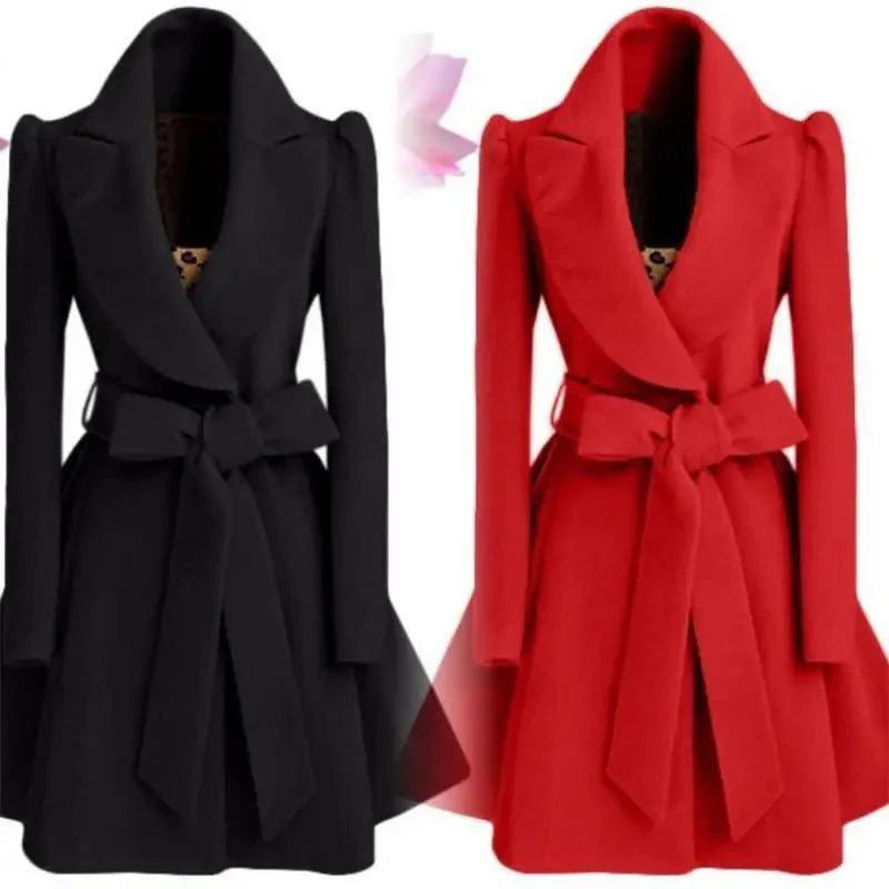 New Popular Women's Woolen Windbreaker Overcoat Jacket Coats Red XL Autumn And Winter Long Windbreaker Overcoat Fashionable Coat Jacket Stevvex