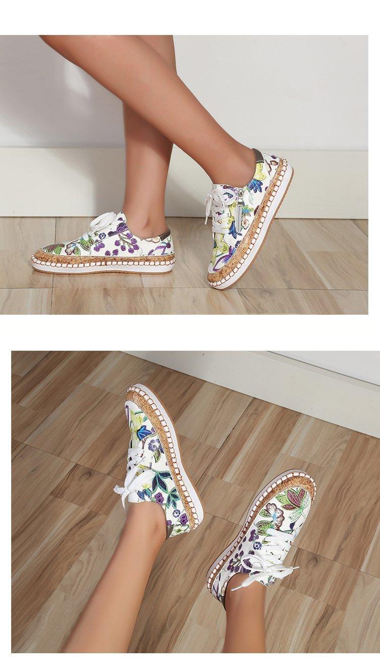 New Popular Womens Shoes Colorful Beautiful Flower Printing Shoes Lace-up Flat Women's Casual Womens Sneakers High-Quality Women's White Sports Casual Couple Shoes Summer Trainers Walking Sneakers Stevvex
