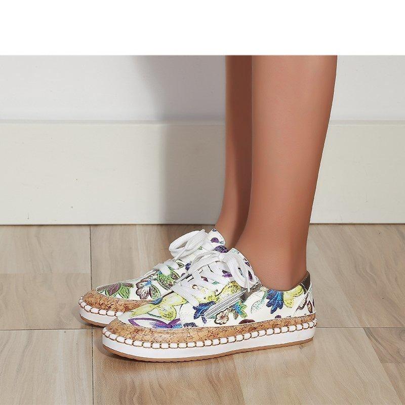 New Popular Womens Shoes Colorful Beautiful Flower Printing Shoes Lace-up Flat Women's Casual Womens Sneakers High-Quality Women's White Sports Casual Couple Shoes Summer Trainers Walking Sneakers Stevvex