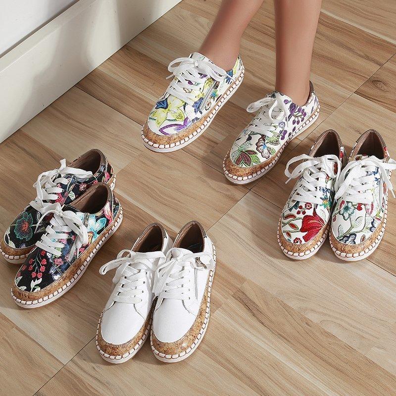 New Popular Womens Shoes Colorful Beautiful Flower Printing Shoes Lace-up Flat Women's Casual Womens Sneakers High-Quality Women's White Sports Casual Couple Shoes Summer Trainers Walking Sneakers Stevvex