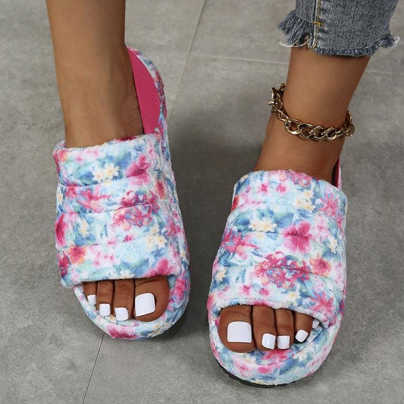 New Shallow Flats Slippers Warm Women Casual Winter Short Plush Home Cotton Fashion Dress Flip Flops Open Toe Slide Slippers Cozy Memory Foam House Shoes Stevvex