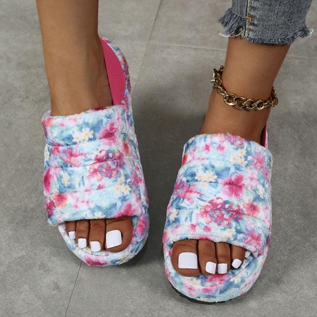 New Shallow Flats Slippers Warm Women Casual Winter Short Plush Home Cotton Fashion Dress Flip Flops Open Toe Slide Slippers Cozy Memory Foam House Shoes Stevvex