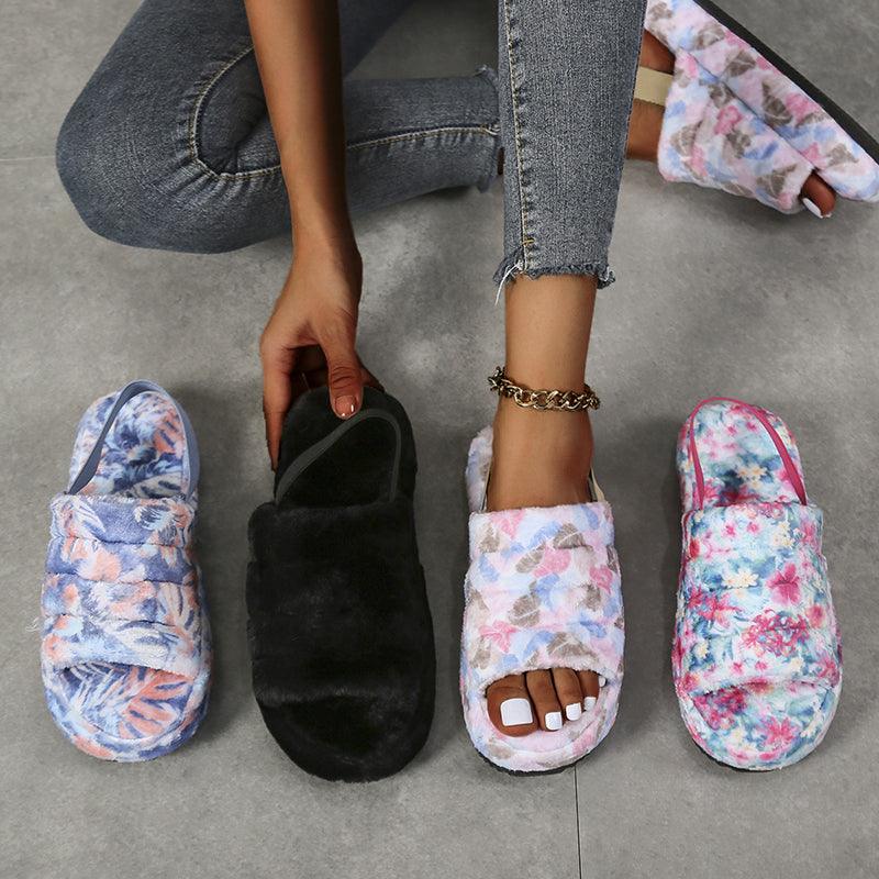 New Shallow Flats Slippers Warm Women Casual Winter Short Plush Home Cotton Fashion Dress Flip Flops Open Toe Slide Slippers Cozy Memory Foam House Shoes Stevvex