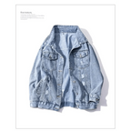 New Sizzling Women's Denim Jacket Fashionable Streetwear Letter Stylish Chic Printed Ripped Holes Jean Patchwork Jeans Female Coat Stevvex