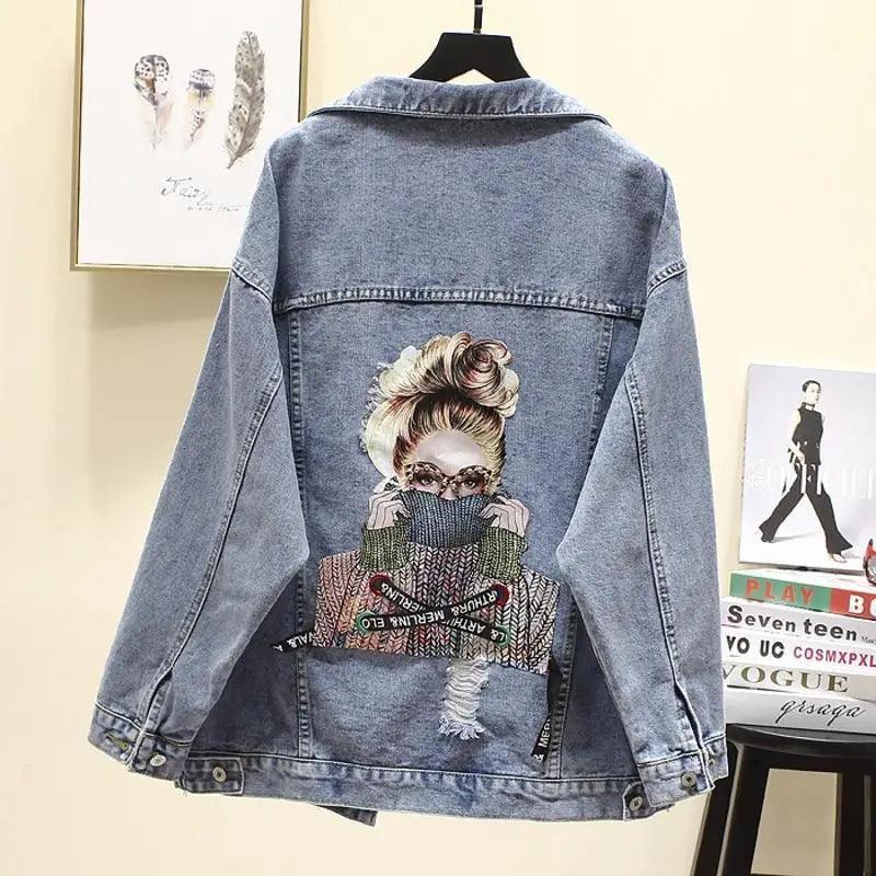 New Sizzling Women's Denim Jacket Fashionable Streetwear Letter Stylish Chic Printed Ripped Holes Jean Patchwork Jeans Female Coat Stevvex