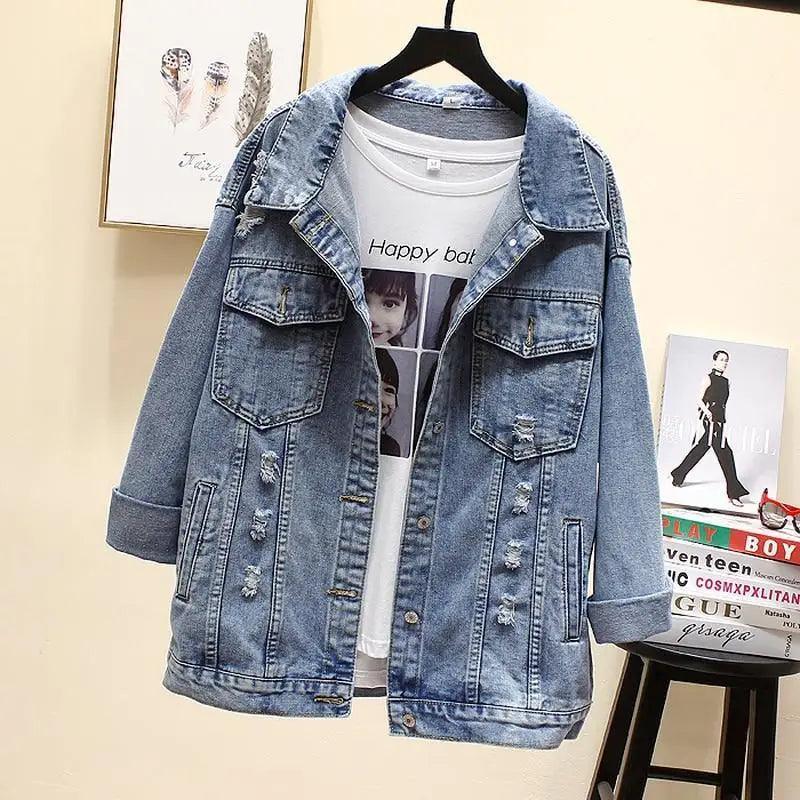 New Sizzling Women's Denim Jacket Fashionable Streetwear Letter Stylish Chic Printed Ripped Holes Jean Patchwork Jeans Female Coat Stevvex