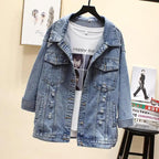 New Sizzling Women's Denim Jacket Fashionable Streetwear Letter Stylish Chic Printed Ripped Holes Jean Patchwork Jeans Female Coat Stevvex