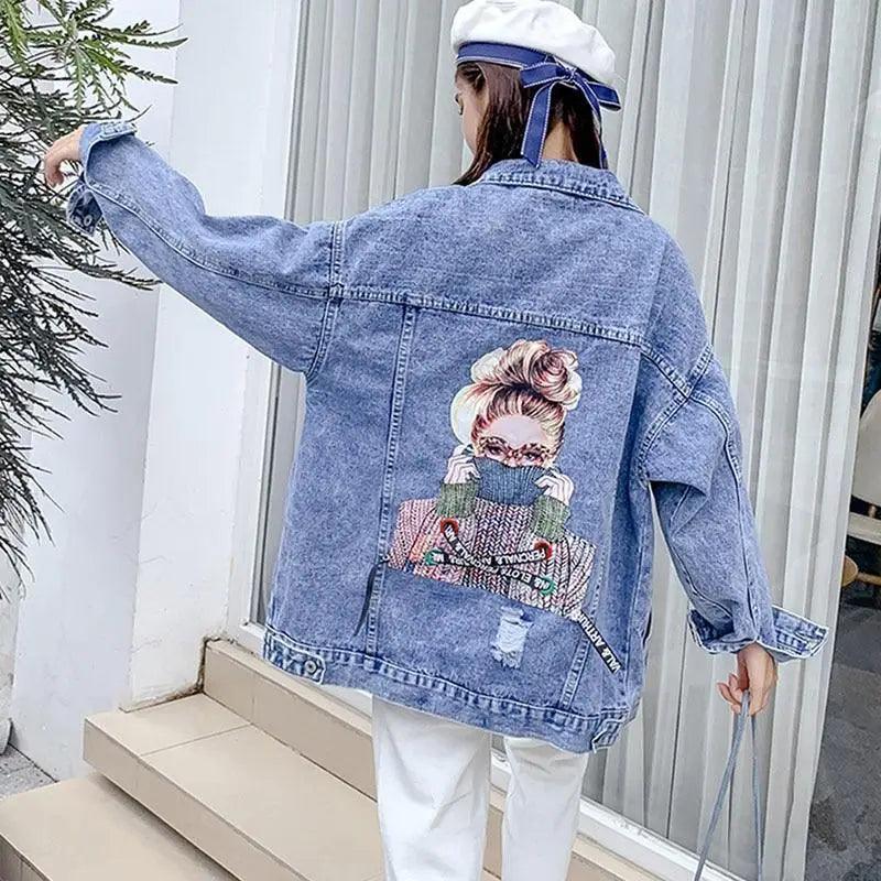 New Sizzling Women's Denim Jacket Fashionable Streetwear Letter Stylish Chic Printed Ripped Holes Jean Patchwork Jeans Female Coat Stevvex