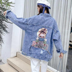 New Sizzling Women's Denim Jacket Fashionable Streetwear Letter Stylish Chic Printed Ripped Holes Jean Patchwork Jeans Female Coat Stevvex