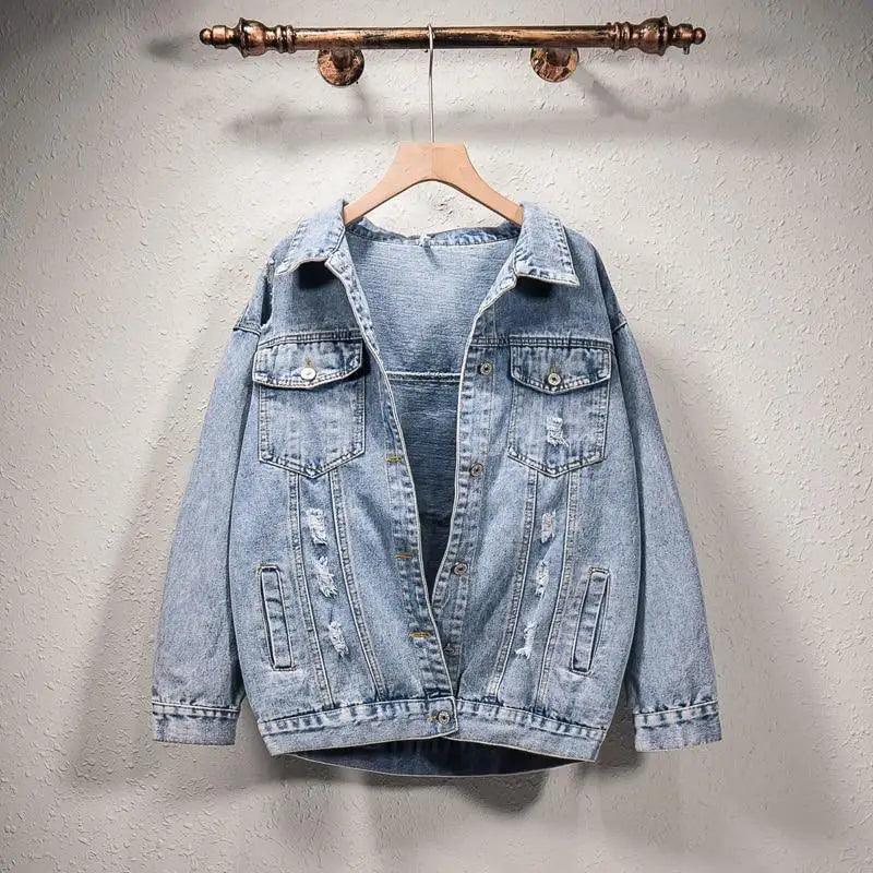 New Sizzling Women's Denim Jacket Fashionable Streetwear Letter Stylish Chic Printed Ripped Holes Jean Patchwork Jeans Female Coat Stevvex