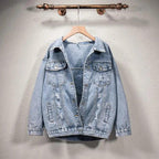 New Sizzling Women's Denim Jacket Fashionable Streetwear Letter Stylish Chic Printed Ripped Holes Jean Patchwork Jeans Female Coat Stevvex
