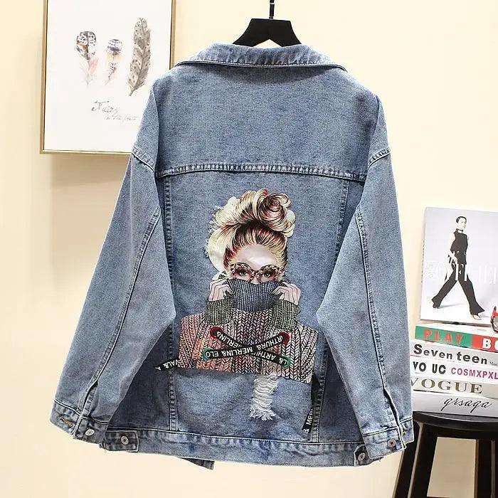 New Sizzling Women's Denim Jacket Fashionable Streetwear Letter Stylish Chic Printed Ripped Holes Jean Patchwork Jeans Female Coat Stevvex