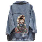 New Sizzling Women's Denim Jacket Fashionable Streetwear Letter Stylish Chic Printed Ripped Holes Jean Patchwork Jeans Female Coat Stevvex