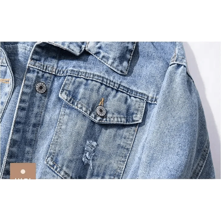 New Sizzling Women's Denim Jacket Fashionable Streetwear Letter Stylish Chic Printed Ripped Holes Jean Patchwork Jeans Female Coat Stevvex