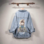 New Sizzling Women's Denim Jacket Fashionable Streetwear Letter Stylish Chic Printed Ripped Holes Jean Patchwork Jeans Female Coat Stevvex