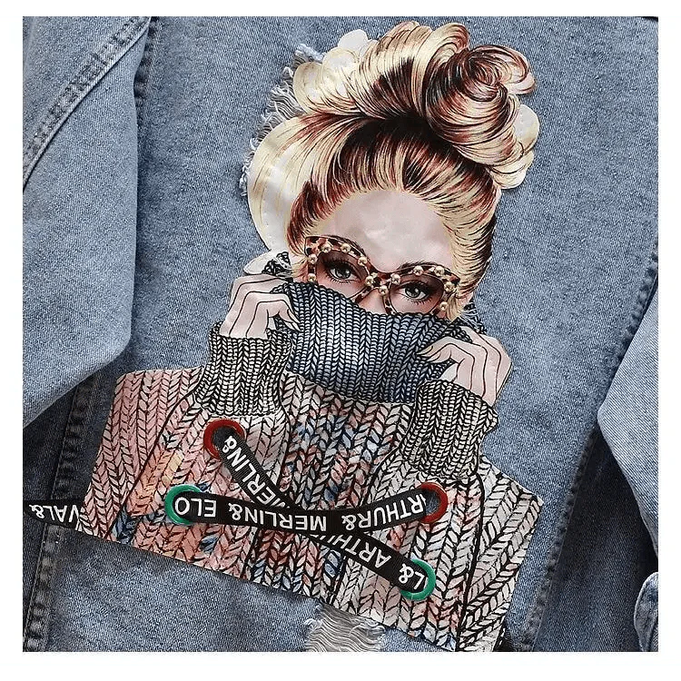 New Sizzling Women's Denim Jacket Fashionable Streetwear Letter Stylish Chic Printed Ripped Holes Jean Patchwork Jeans Female Coat Stevvex