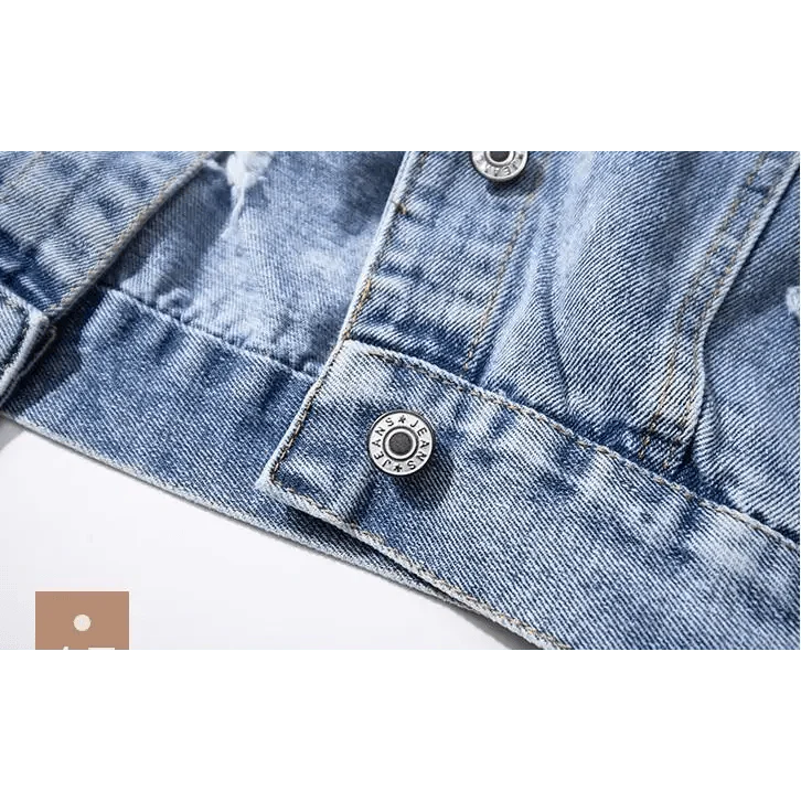 New Sizzling Women's Denim Jacket Fashionable Streetwear Letter Stylish Chic Printed Ripped Holes Jean Patchwork Jeans Female Coat Stevvex