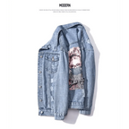 New Sizzling Women's Denim Jacket Fashionable Streetwear Letter Stylish Chic Printed Ripped Holes Jean Patchwork Jeans Female Coat Stevvex