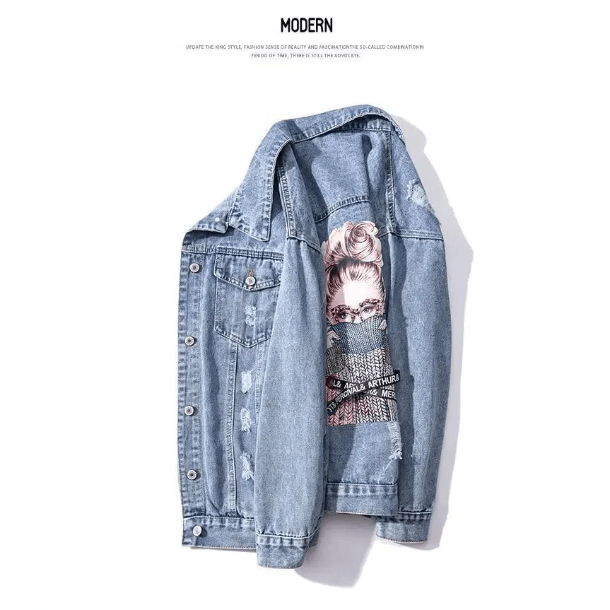 New Sizzling Women's Denim Jacket Fashionable Streetwear Letter Stylish Chic Printed Ripped Holes Jean Patchwork Jeans Female Coat Stevvex