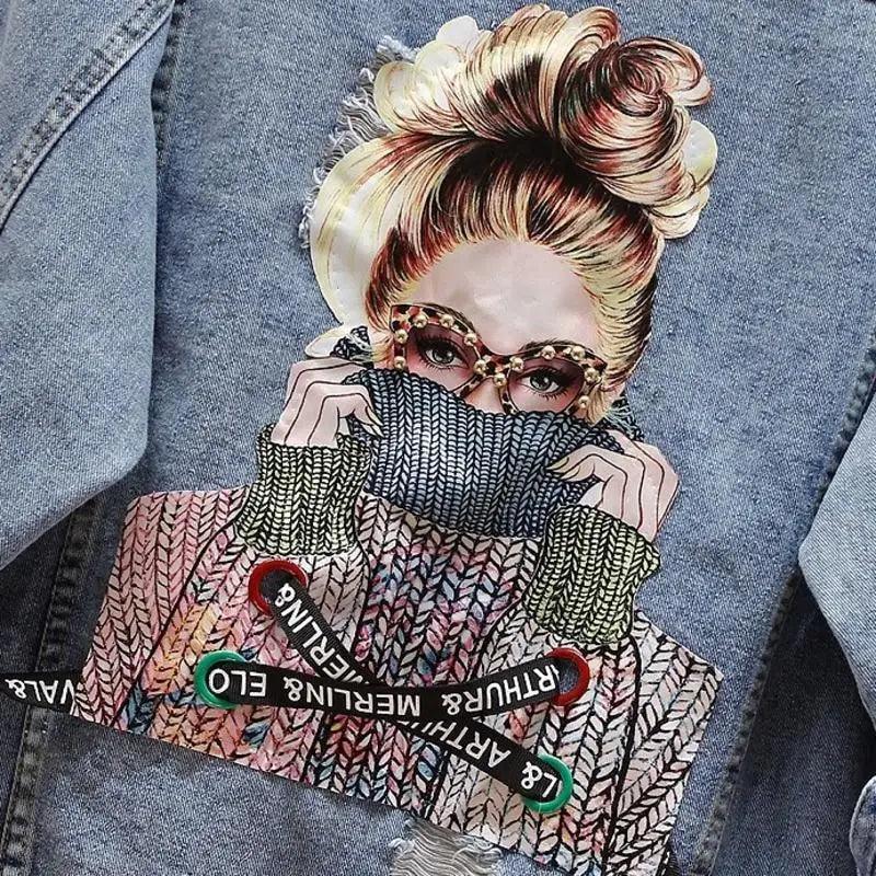 New Sizzling Women's Denim Jacket Fashionable Streetwear Letter Stylish Chic Printed Ripped Holes Jean Patchwork Jeans Female Coat Stevvex