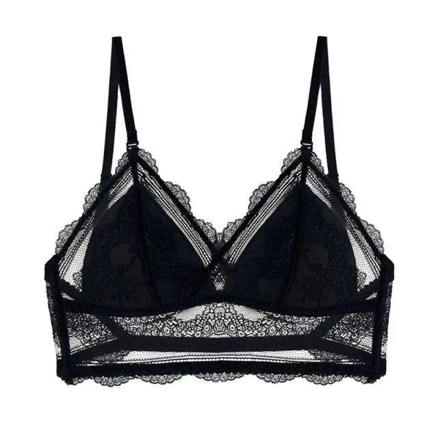 New Splendid French Style Lingerie Soft Bralette Deep V Lace Wireless Triangular Padded Cups Backless Bra Stevvex