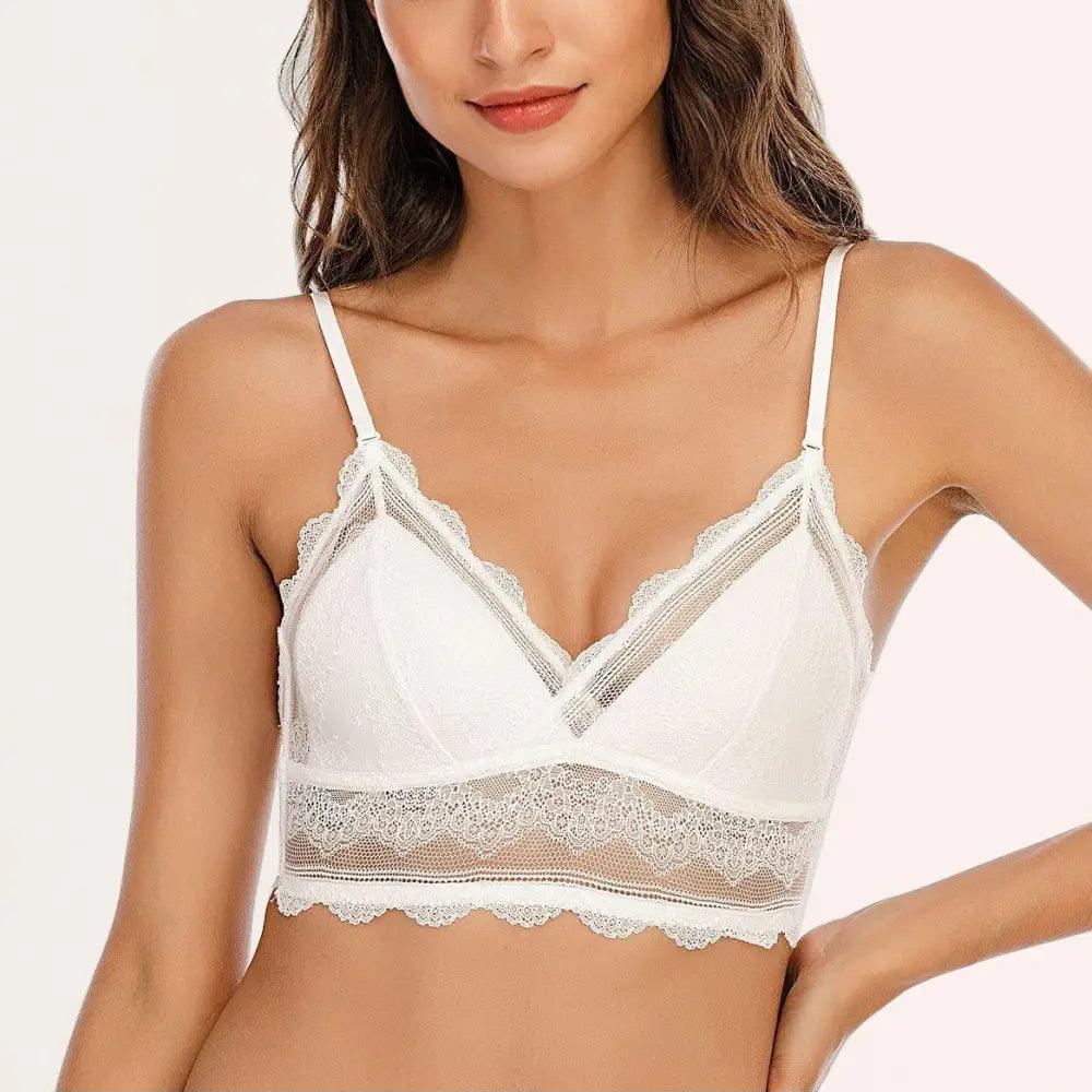 New Splendid French Style Lingerie Soft Bralette Deep V Lace Wireless Triangular Padded Cups Backless Bra Stevvex