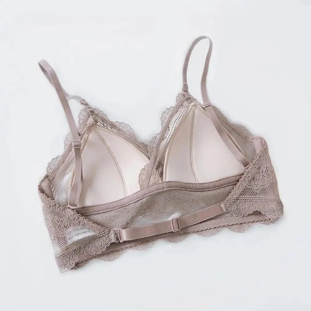 New Splendid French Style Lingerie Soft Bralette Deep V Lace Wireless Triangular Padded Cups Backless Bra Stevvex