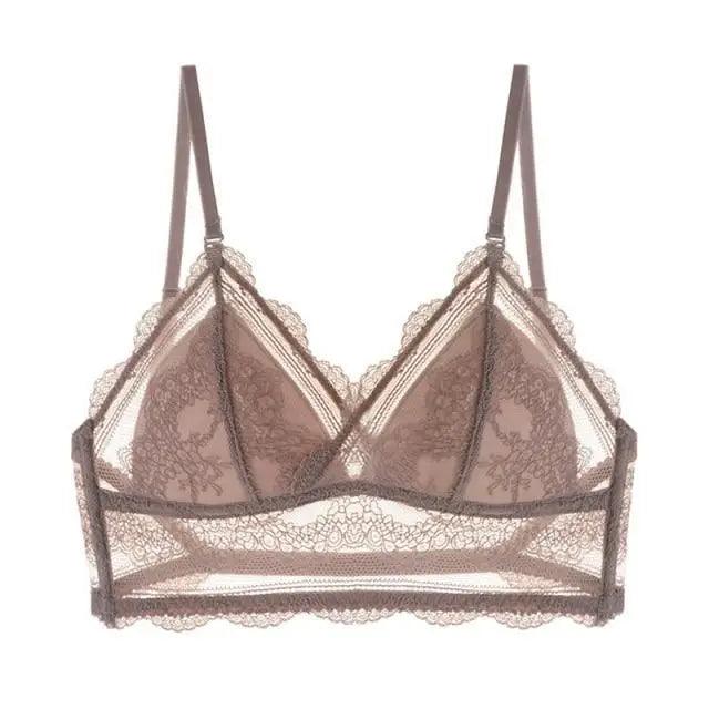 New Splendid French Style Lingerie Soft Bralette Deep V Lace Wireless Triangular Padded Cups Backless Bra Stevvex