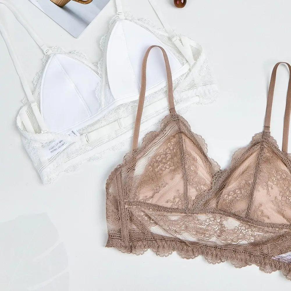 New Splendid French Style Lingerie Soft Bralette Deep V Lace Wireless Triangular Padded Cups Backless Bra Stevvex