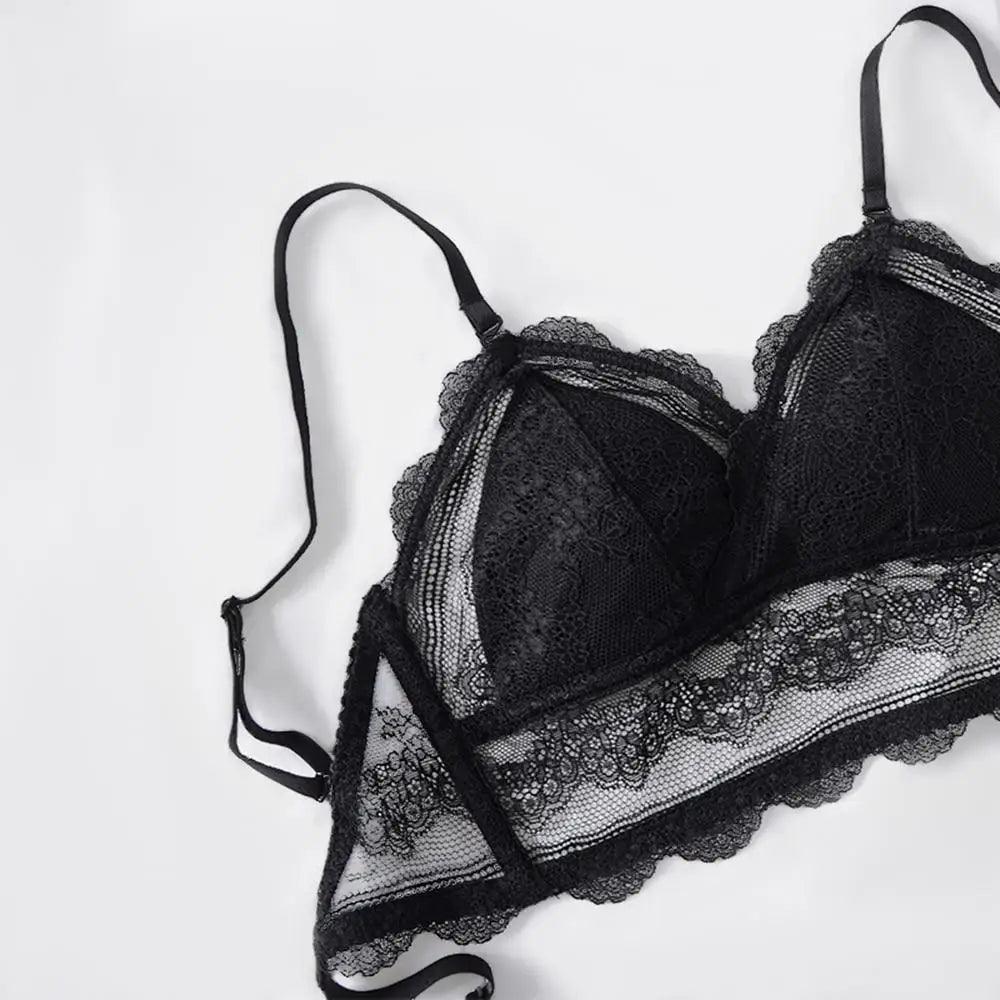 New Splendid French Style Lingerie Soft Bralette Deep V Lace Wireless Triangular Padded Cups Backless Bra Stevvex