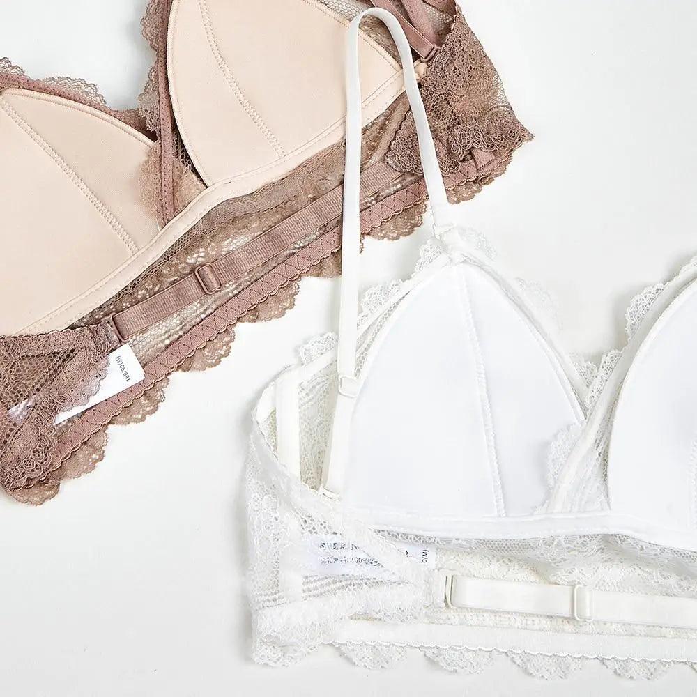 New Splendid French Style Lingerie Soft Bralette Deep V Lace Wireless Triangular Padded Cups Backless Bra Stevvex