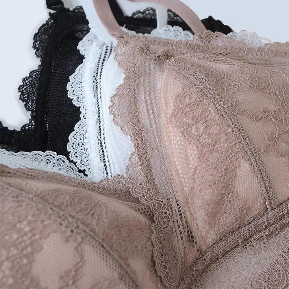 New Splendid French Style Lingerie Soft Bralette Deep V Lace Wireless Triangular Padded Cups Backless Bra Stevvex