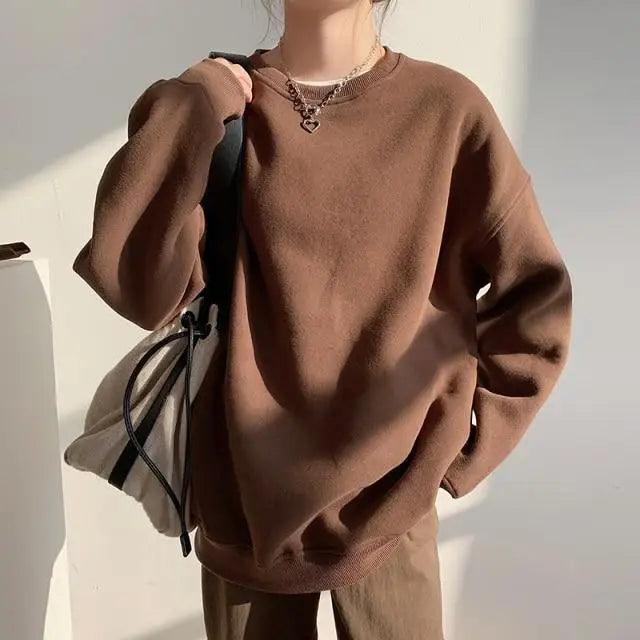 New Spring Fleece Thick Sweatshirt Vintage Solid Warm O Neck Pullover Grey Brown Lady New All-Match Hooded Autumn Women Pullover Round Neck Large Size Loose Long Sleeve Sweatshirt Stevvex