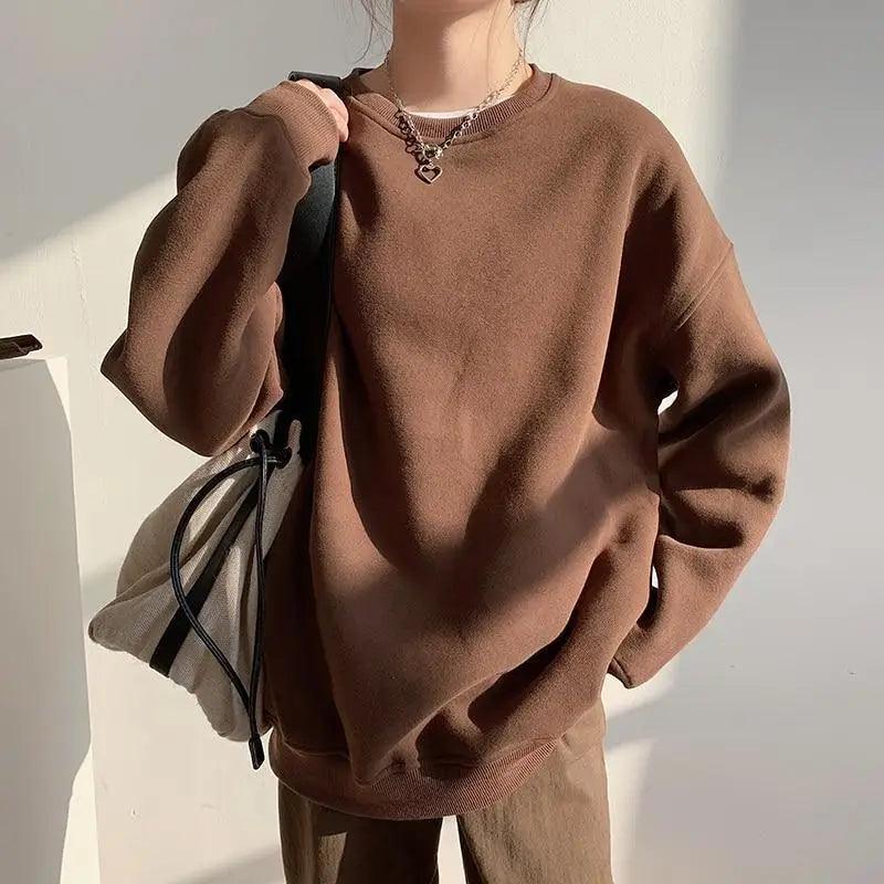New Spring Fleece Thick Sweatshirt Vintage Solid Warm O Neck Pullover Grey Brown Lady New All-Match Hooded Autumn Women Pullover Round Neck Large Size Loose Long Sleeve Sweatshirt Stevvex
