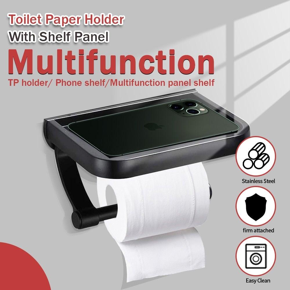 NEW Stainless Steel Toilet Paper Holder BathroomPaper Phone Holder Shelf Towel Roll shelf Accessories  Toilet Paper Holder with Phone Shelf Aluminum Bathroom Accessories Tissue Roll Dispenser Storage Rack Wall Mounted Modern Paper Towel Adapter Stevvex