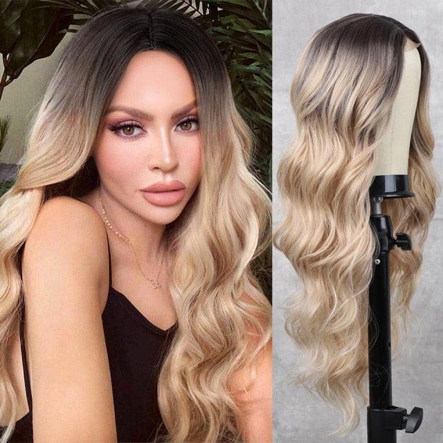 Long Body Wave Black Wig Synthetic Wigs for Black Women Middle Part Brown Red Pink Purple Cosplay Hair Wigs For Black Women Cosplay Wigs For Women Stevvex