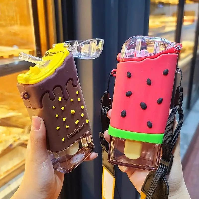 New Summer Cute Donut Ice Cream Water Bottle With Straw Creative Square Watermelon Cup Portable Leakproof Bottle Stevvex