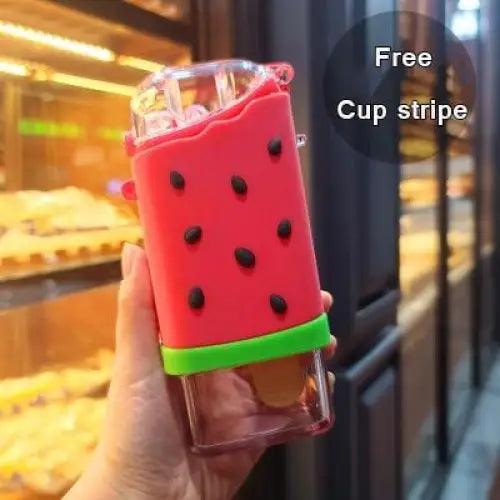 New Summer Cute Donut Ice Cream Water Bottle With Straw Creative Square Watermelon Cup Portable Leakproof Bottle Stevvex