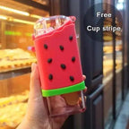 New Summer Cute Donut Ice Cream Water Bottle With Straw Creative Square Watermelon Cup Portable Leakproof Bottle Stevvex