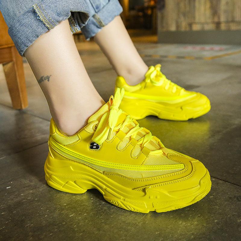 New Thick Womens Sneakers Platform Casual Fashion High-Quality Women's Thick-Soled Sports Casual Couple Shoes Summer Lace-Up Trainers Gym Yellow Lace-Up Casual Modern Sneakers Stevvex