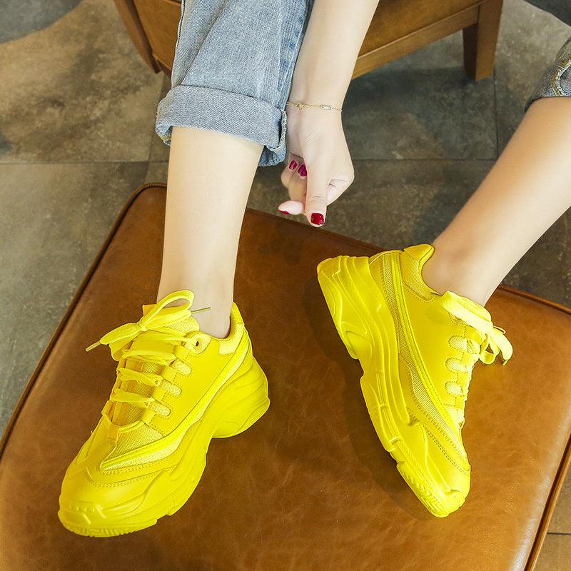 New Thick Womens Sneakers Platform Casual Fashion High-Quality Women's Thick-Soled Sports Casual Couple Shoes Summer Lace-Up Trainers Gym Yellow Lace-Up Casual Modern Sneakers Stevvex