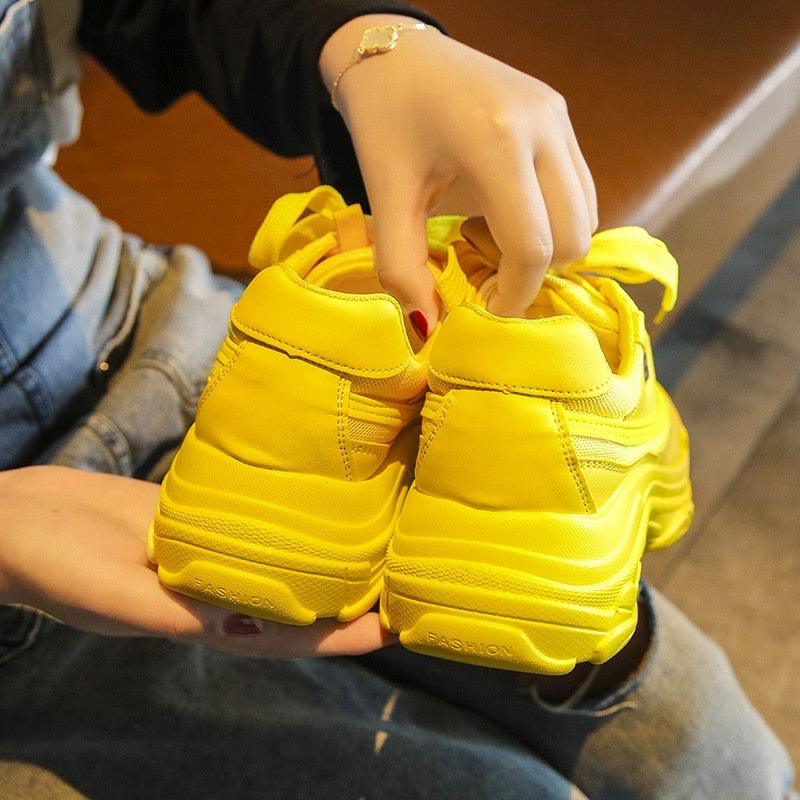 New Thick Womens Sneakers Platform Casual Fashion High-Quality Women's Thick-Soled Sports Casual Couple Shoes Summer Lace-Up Trainers Gym Yellow Lace-Up Casual Modern Sneakers Stevvex
