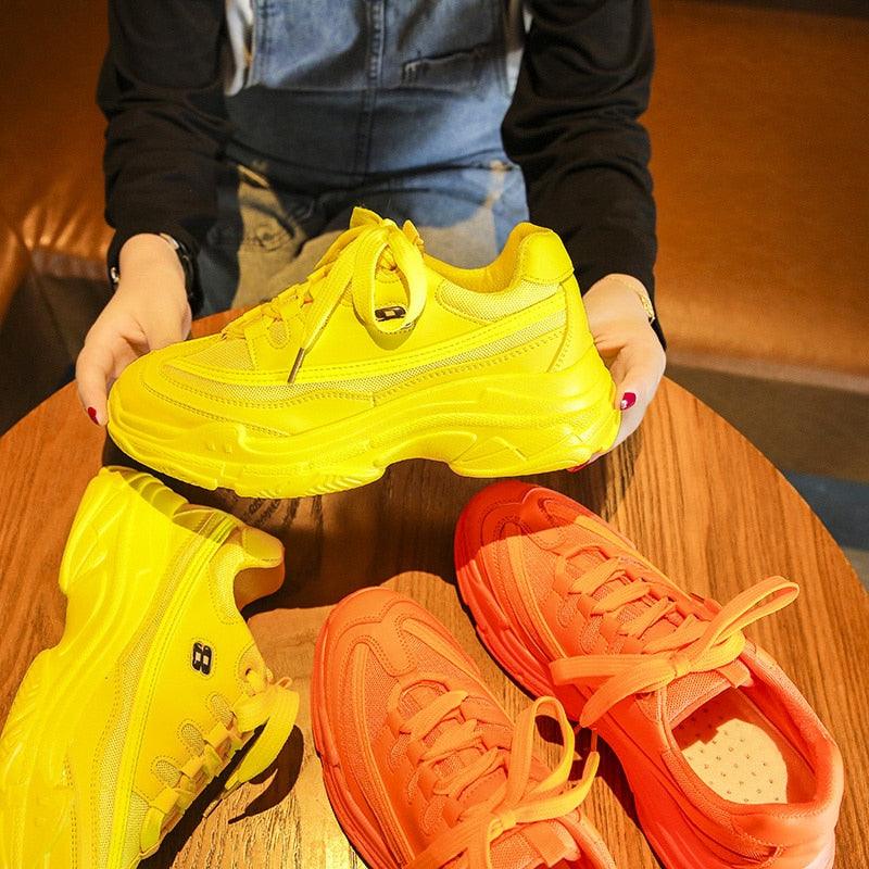 New Thick Womens Sneakers Platform Casual Fashion High-Quality Women's Thick-Soled Sports Casual Couple Shoes Summer Lace-Up Trainers Gym Yellow Lace-Up Casual Modern Sneakers Stevvex