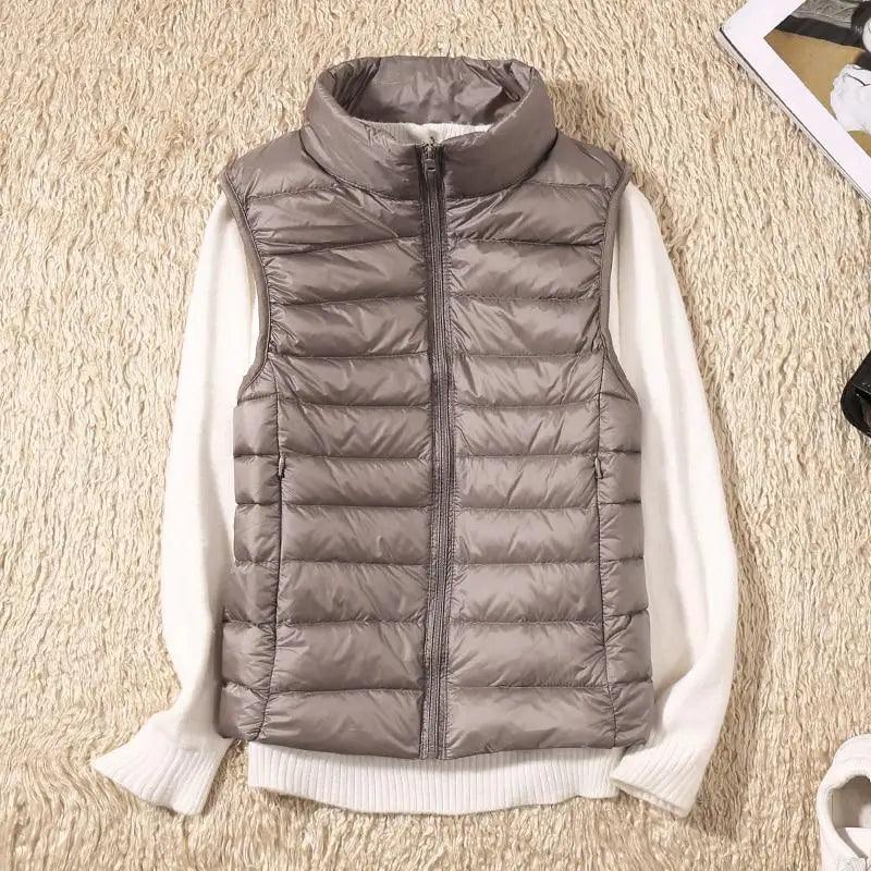 New Trendy Ultra Light Women's Duck Down Vest Jacket Autumn/Winter High collar Sleeveless Coat For Girls Stevvex