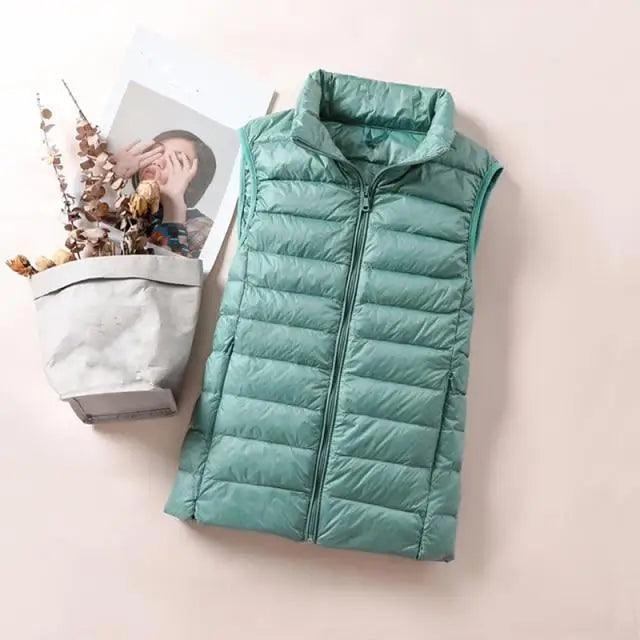 New Trendy Ultra Light Women's Duck Down Vest Jacket Autumn/Winter High collar Sleeveless Coat For Girls Stevvex
