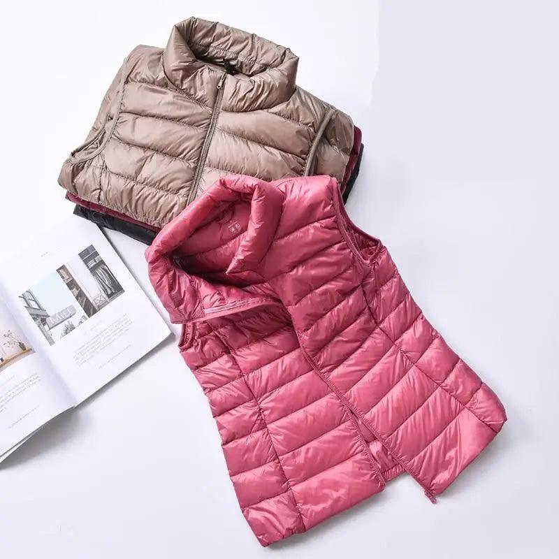 New Trendy Ultra Light Women's Duck Down Vest Jacket Autumn/Winter High collar Sleeveless Coat For Girls Stevvex